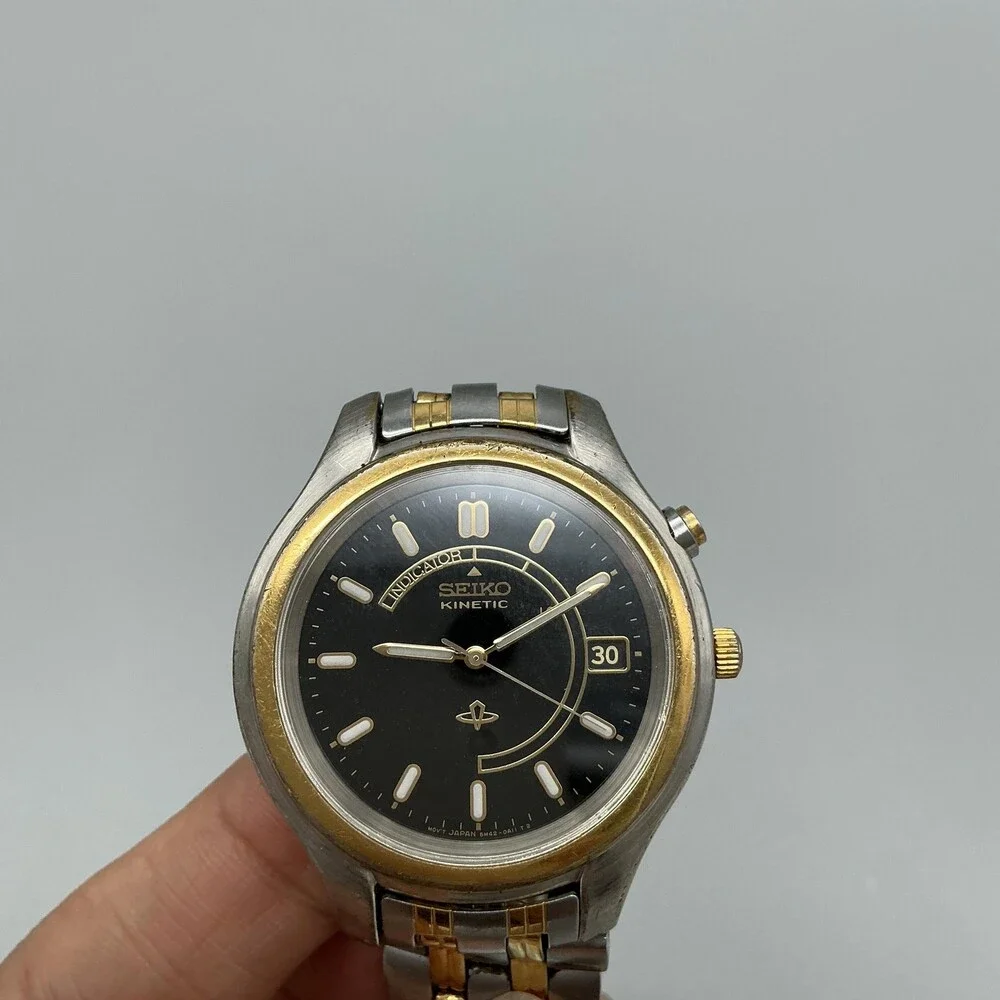 Seiko Kinetic Mens Watch 38mm Black Dial Date 5M42-0A19 New Capacitor 8